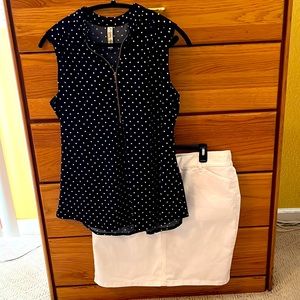 White Denim, Old Navy Skirt with Bonus Sleeveless, Polka Dot Top!